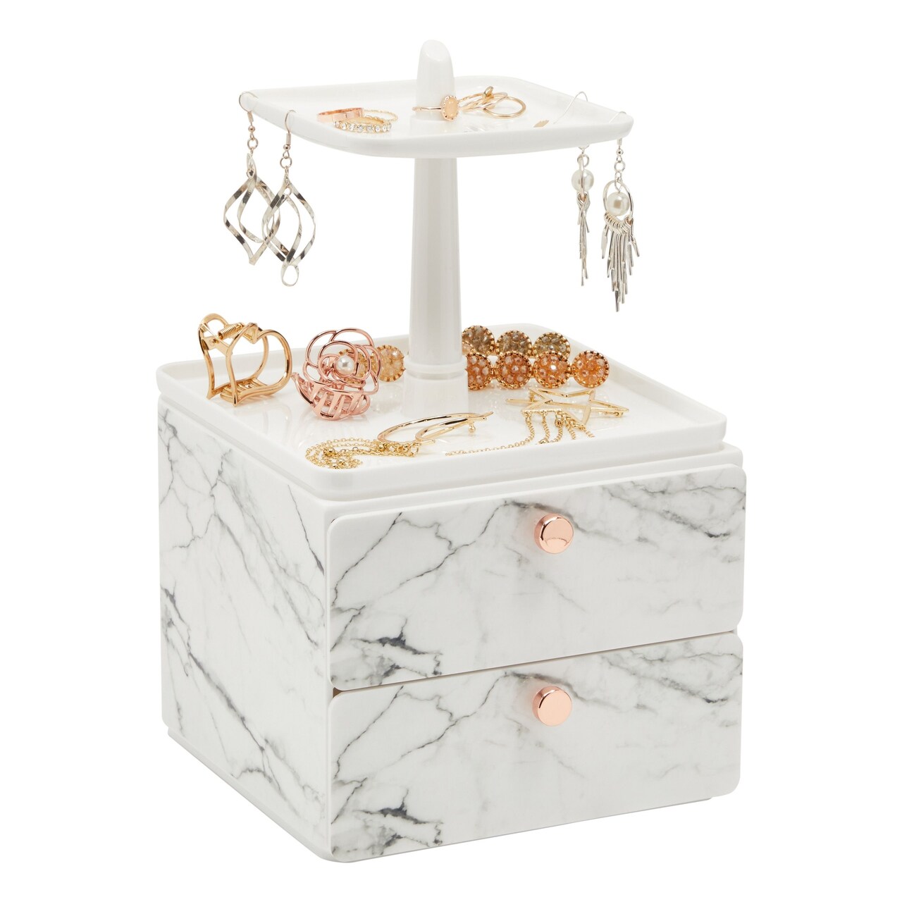 Marble Jewelry Display Tray and Makeup Organizer with Drawer for Vanity (7.3 x 7.7 x 13 in)